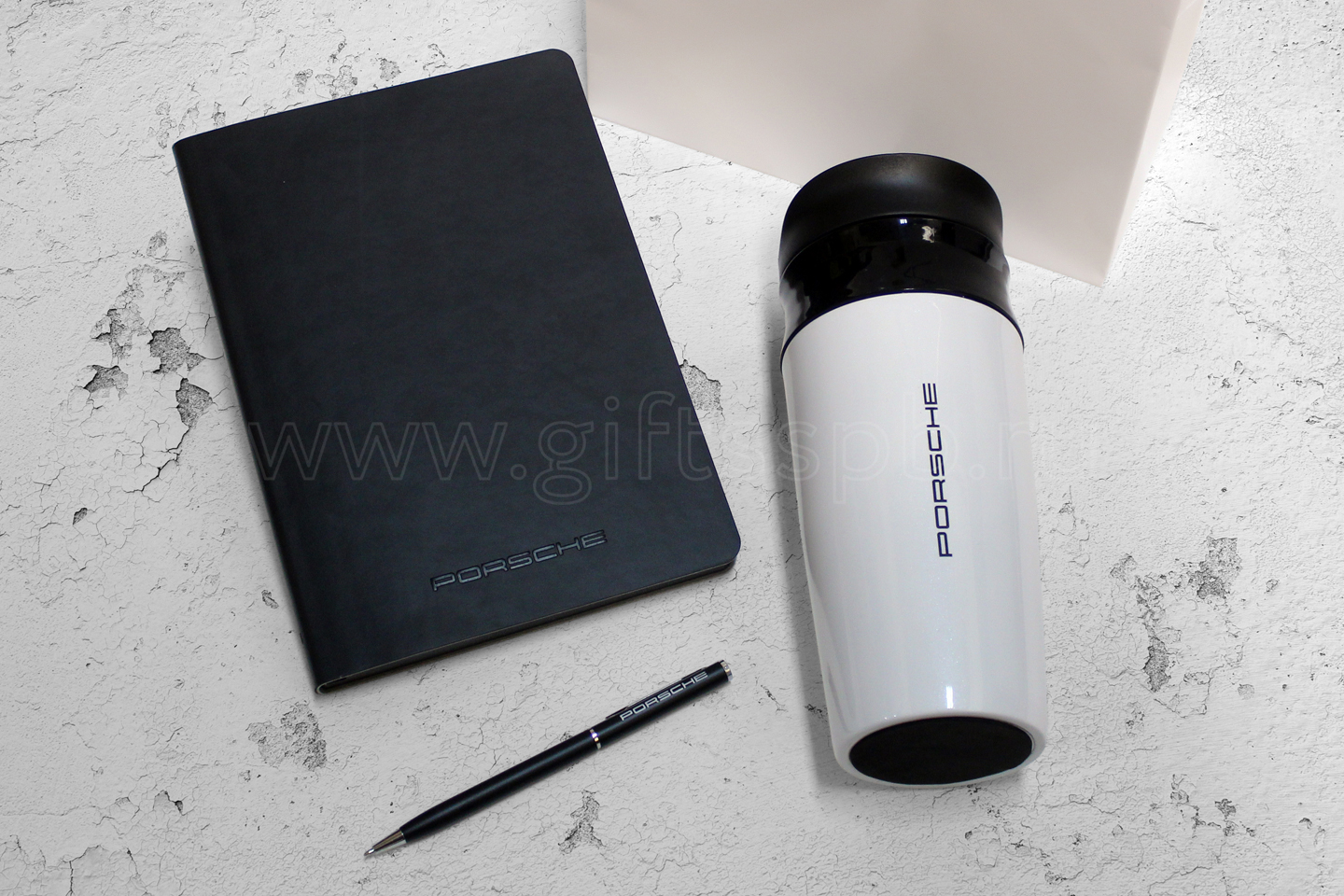 Термостакан черный ежедневник ручка с логотипом Porsche печать
